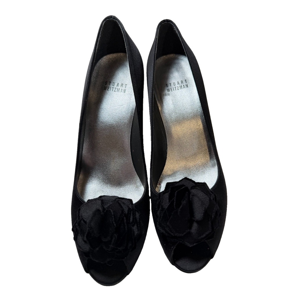 Stuart Weitzman 8.5 Black Satin Rosette Peep Toe Pumps Heels Made in Spain